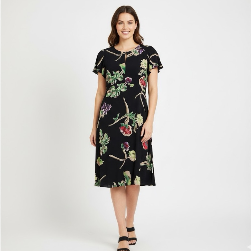 Anthropologie | Maeve | Navy Floral Print Flutter Sleeve Dress Size 0